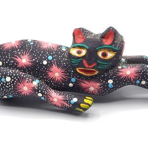 Handpainted Kitten Cat Feline Figurine Mexico Folk Art Wood Carving Black Pink